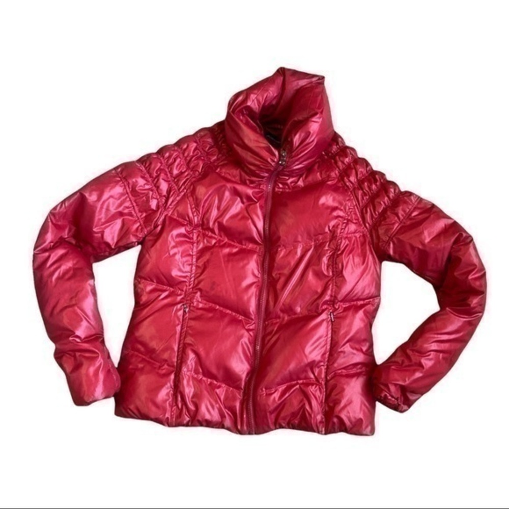 Moda International size medium red down jacket with zip pockets, collar